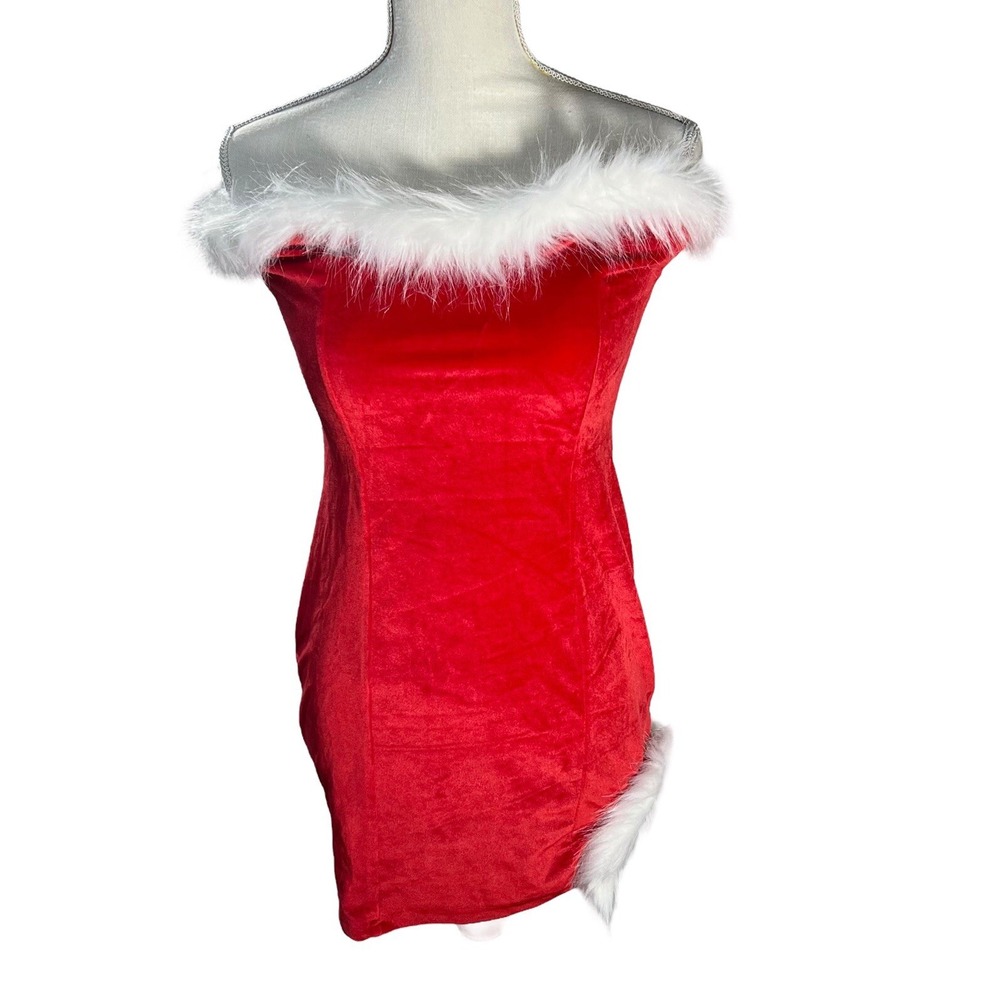 NWT ZAFUL Women's Sexy Off‎ Shoulder Velvet Back Lace Up Fur Christmas Dress